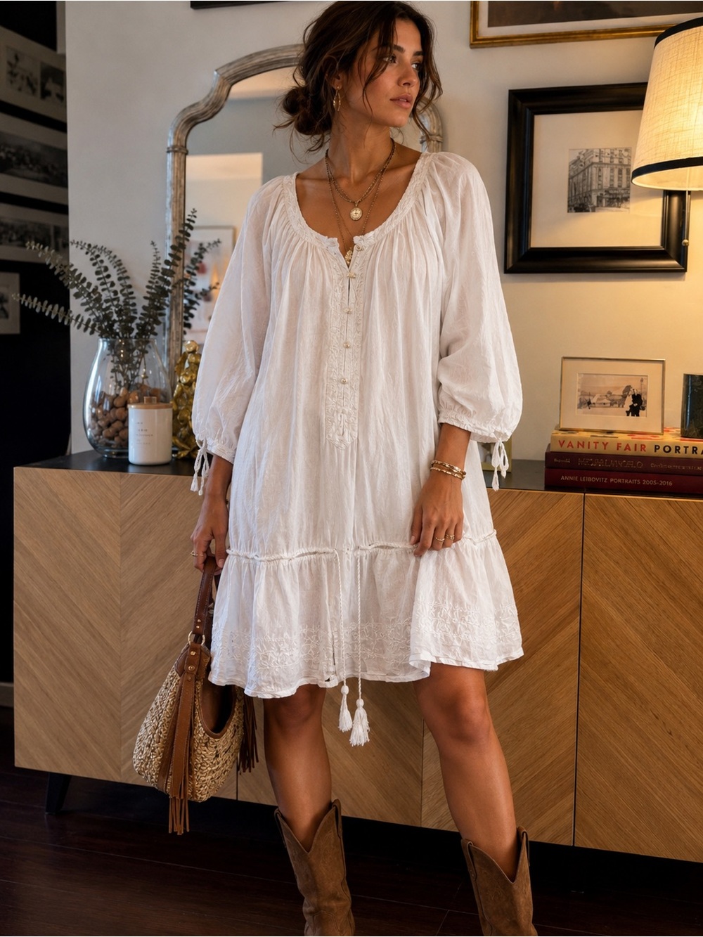 LANDS END White Embroidered Peasant Dress Tunic XL
